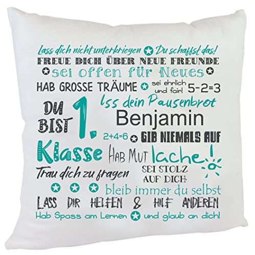 personalisiertes Kissen Geschenk zur Einschulung mit Namen des Erstklässlers Einschulungsgeschenk für Mädchen und Jungen (Türkis mit Namen) von Kilala