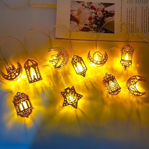 Kimuwote 1.53M 10LED Ramadan Lichterkette, 2 Modi Lichterkette Batterie Warmweiß Muslim Ramadan Licht, Eid Dekorative Fee Licht, Stern Mond Lichterketten für innen Zuhause Garten Geburtstag von Kimuwote