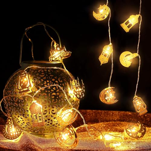 Kimuwote 1.55M 10LED Ramadan Lichterkette, 2 Modi Lichterkette Batterie Warmweiß Muslim Ramadan Licht, Eid Dekorative Fee Licht, Stern Mond Lichterketten für innen Zuhause Garten Geburtstag von Kimuwote