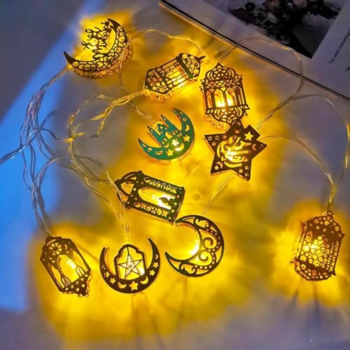 Kimuwote 1.5M 10LED Ramadan Lichterkette, 2 Modi Lichterkette Batterie Warmweiß Muslim Ramadan Licht, Eid Dekorative Fee Licht, Stern Mond Lichterketten für innen Zuhause Garten Geburtstag von Kimuwote