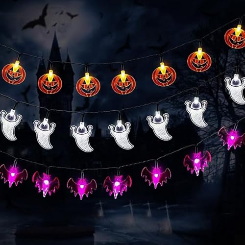 Kimuwote 3 Stück Halloween Lichterkette Batterie, 20 LED Halloween Deko,Kürbisse Lila Fledermäuse Weiße Geister Lichterkette für Außen Innen Party Garden von Kimuwote