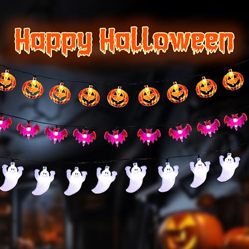 Kimuwote Halloween Lichterkette, 3 Stück 3 Meter 20 LED Halloween Lichterkette Batterie, Kürbisse Lila Fledermäuse Weiße Geister Lichterkette für Außen Innen Party Garden Halloween Deko von Kimuwote