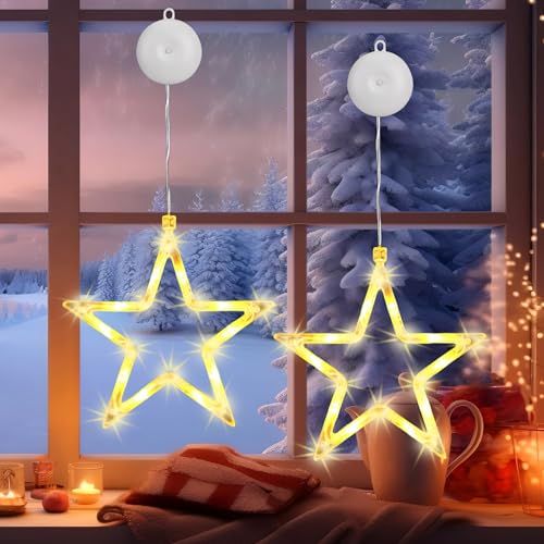 Sterne Weihnachtsbeleuchtung, 10 LED Lichterkette Weihnachtsdeko Fensterlichter Batteriebetriebe mit Timer, Saugnäpfe, Fenster Sterne Innen für Weihnachten Deko, Balkon, Party, Hochzeit(2 Stück) von Kimuwote