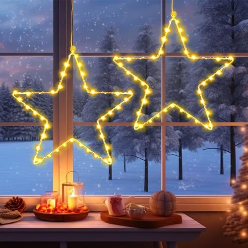 Kimuwote LED Sterne Weihnachtsbeleuchtung, 40 LED Weihnachtsbeleuchtung Fensterdeko, Stern Batteriebetrieben Warmweiß mit Timer, Saugnäpfe für Weihnachten Deko, Balkon, Party (2 Stück) von Kimuwote