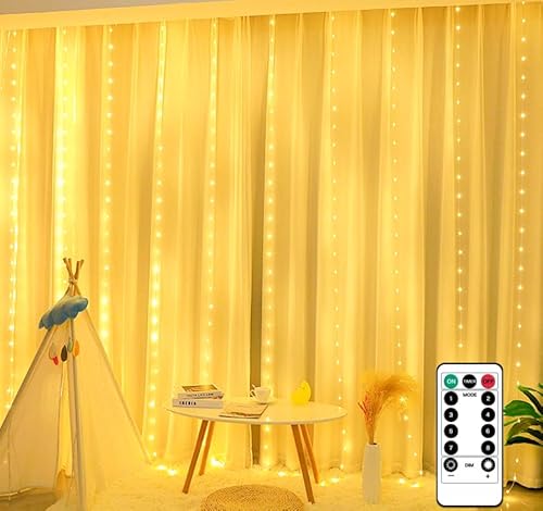 Kimuwote Lichtervorhang innen 3x3m, 300 LED Lichterkette innen, USB LED Lichterkettenvorhang mit 8 Modi,Lichterketten Vorhang für Weihnachten Fenster Wand Zimmer Party Deko Gardine Balkon(warmweiß) von Kimuwote