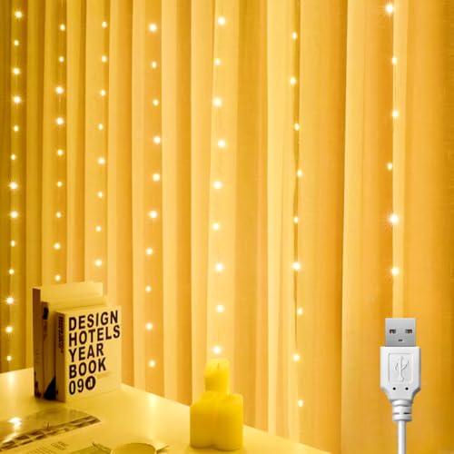 LED Lichtervorhang 1x1m, 100 LED lichterketten Vorhang Innen, Lichterkette Innen Warmweiß, USB Lichtervorhang Fenster mit 10 Haken für Innen und Außen Hochzeit Party Weihnachten Wand Schlafzimmer Deko von Kimuwote