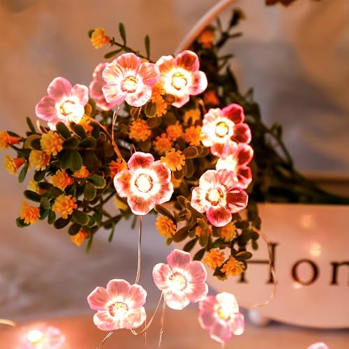 Lichterkette Kirschblüten Innen, 2.03M 20 LED Lichterkette Blumen Girlande Batterie mit Timer Funktion, rosa Lichterkette für Hochzeit, Party Deko von Kimuwote