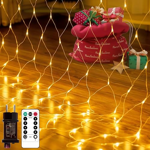 Lichternetz Außen, 3x2m 200 LED Lichterkette Außen Warmweiß mit Stecker, LichterNetz mit Fernbedienung Timer, IP45 Wasserdicht Lichternetz Innen 8 Modi für Büsche Garten Weihnachtsbaum Zimmer von Kimuwote