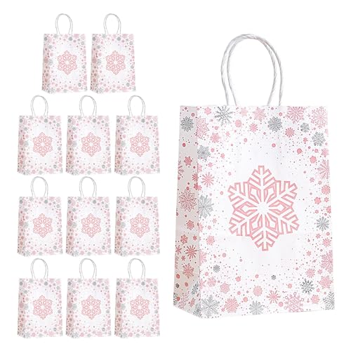 12 Stück Geschenktüten Weihnachten,Weihnachtstüten Papiertüten mit Griff, Weihnachts Kraft Geschenktaschen, Zur Aufbewahrung von Geschenken, Gebäck, Partyzubehör (Rosa+Weiß) von KinMokusei