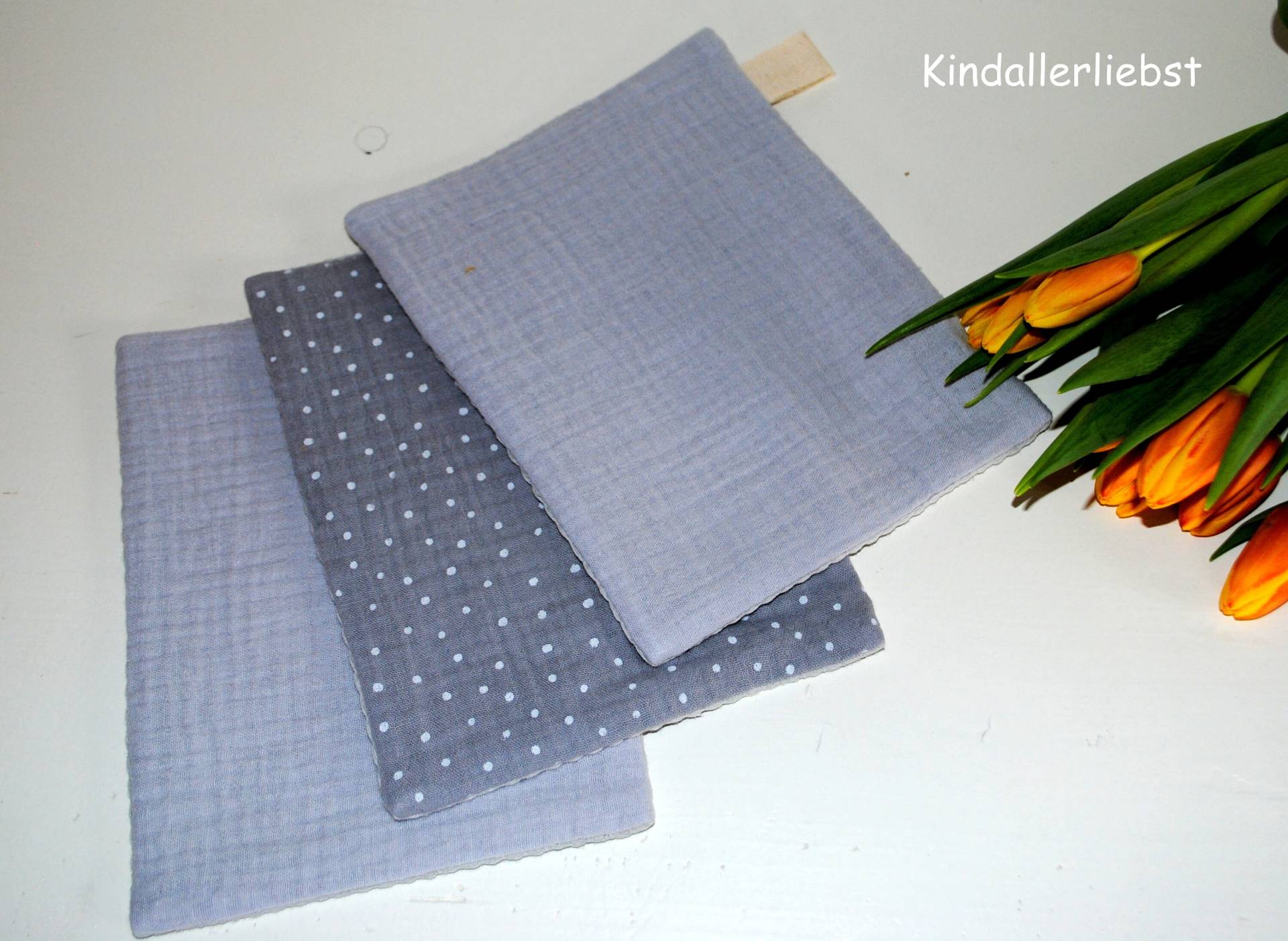 Waschlappen 3-Set 100%bw Waffelpiquestoff Musselin Graues Set von Kindallerliebst