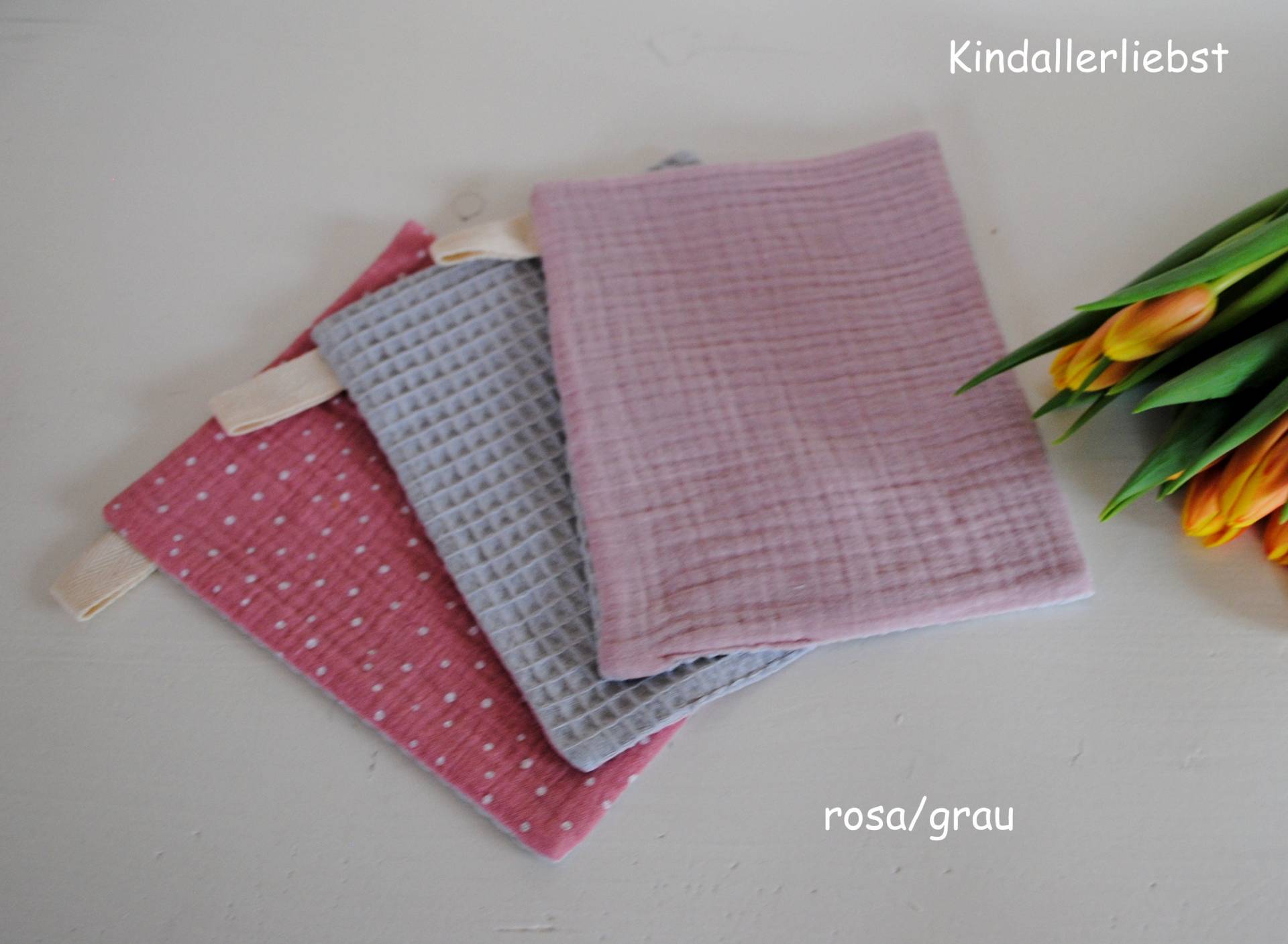 Waschlappen 3-Set 100%bw Waffelpiquestoff Musselin Rosa/Grau von Kindallerliebst