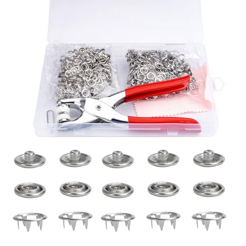 200 Druckknopf Set Kein Nähen 9,5 mm Jersey Druckknöpfe Rostfrei mit Zange und Fünfpoliger Schließe Druckknöpfe Metall Weniger Leichtes Abfallen für DIY Basteln Kinderkleidung Kleidung Taschen Stoff von KineticKraft