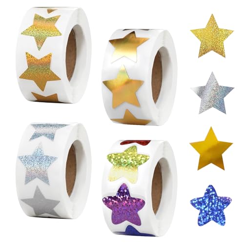 2000 Stück Sterne Sticker Glitzer 2.5cm Aufkleber Sterne Sticker Sticker Sterne, Sterne Aufkleber Sternaufkleber Silber Gold Sterne Aufkleber Rolle für Kinder Schule Lehrer Belohnungsaufkleber von KineticKraft