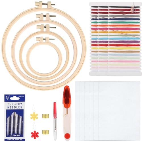 KingYH Stickerei Starter Set Kreuzstich Tool Kit mit 4 Stickkreis 3 Stück 21 Fadenfarben 6 Weiße Stoffbahnen Sticknadeln und Scheren DIY Handgemachte Kreuzstich Embroidery Kit Stickset für Anfänger von KingYH