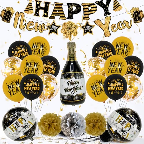 Kingke 2024 Happy New Year Ballon-Set Schwarze Champagnerflasche Stern Ballon Home Einzigartige Dekoration Geschenk Party Supplies Photo Booth Requisiten von Kingke