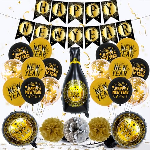 Kingke 2024 Happy New Year Ballon-Set Schwarze Champagnerflasche Stern Ballon Home Einzigartige Dekoration Geschenk Party Supplies Photo Booth Requisiten von Kingke