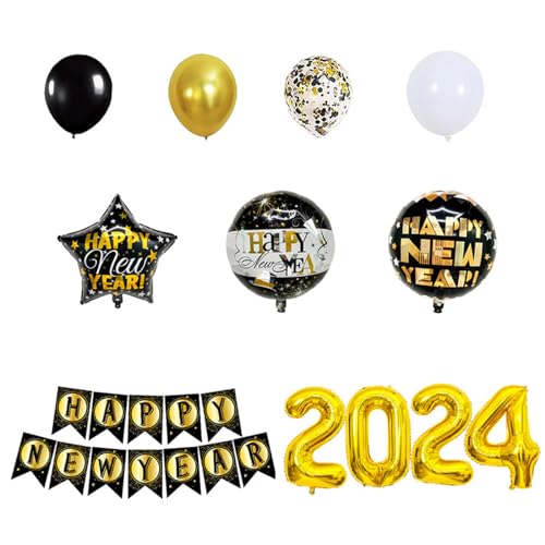 Kingke 2024 Neujahr Party Dekoration Set Happy New Year Ballon Zubehör Foto Requisiten mit Banner Zahlenballon Einzigartige Vorräte von Kingke