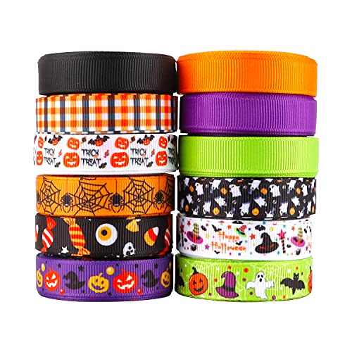 Kingovalley 12 Rollen Halloween Ripsbänder 1,3 cm x 5 Meter Happy Halloween Trick or Treat Candy Kürbis Hexe Hut Spinne Geist Muster Wickelbänder für Halloween Handwerk Party Dekoration von Kingovalley