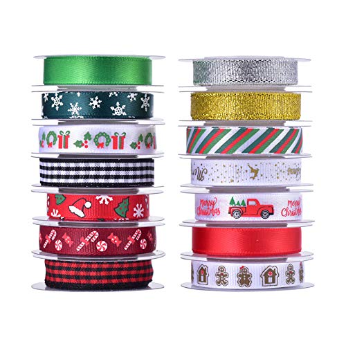 Kingovalley 15 Rollen Weihnachtsbänder, Weihnachtsbänder, bedrucktes Satin-Ripsband, Organzabänder, metallisches Glitzerstoff, Bänder für Weihnachtsgeschenke, DIY Dekoration von Kingovalley