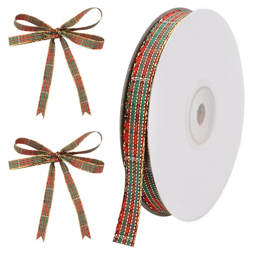 Weihnachtsband, 1,1 cm x 22 m, Weihnachtsbüffelkariertes Band, rotes und grünes Gingham-Band mit Goldrand für Weihnachtsverpackungen, Bastelarbeiten, Kranz, Heimdekoration von Kingovalley