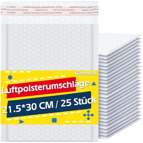 Kinmsito 25 Stück Luftpolsterumschläge,21,5 cm x 30 cm Poly Bubble Mailer,Luftpolster Versandtaschen,Weiß Luftpolstertaschen,Selbstversiegelnde Gepolsterte Briefumschläge für Verpackung von Kinmsito