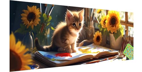 Katze Diamond Painting Groß 150x50cm, 5D Sonnenblume Diamant Painting Bilder Erwachsene Kinder, Diamond Painting Set für Erwachsene und Anfänger, DIY Mosaikherstellung Bastelset für Haus Wanddeko, H-7 von Kinntn