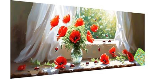 Mohn Diamond Painting Groß 210x70cm, 5D Fenster Diamant Painting Bilder Erwachsene Kinder, Diamond Painting Set für Erwachsene und Anfänger, DIY Mosaikherstellung Bastelset für Haus Wanddeko, W-9 von Kinntn