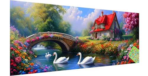 Schwan Diamond Painting Groß 120x40cm, 5D Garten Diamant Painting Bilder Erwachsene Kinder, Diamond Painting Set für Erwachsene und Anfänger, DIY Mosaikherstellung Bastelset für Haus Wanddeko, L-0 von Kinntn