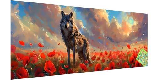 Wolf Diamond Painting Erwachsene Groß XXL 90x30cm, 5D Mohn Diamant Painting Bilder, DIY Diamond Painting Eckige Steine Vollbohrer Diamant Malerei Stickerei Kreuzstich Set Geschenke Home Wand Dekor N-6 von Kinntn