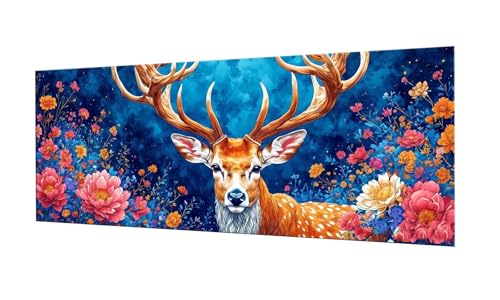 Blumen Hirsch Diamond Painting Erwachsene Groß XXL 80x200cm, DIY 5D Diamant Painting Bilder kinder Malen Nach Zahlen Set, Diamond Art Full Diamant Malerei Kunst Basteln für Home Wand Dekor F-225 von Kinooge