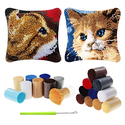 Kinsinder 2 Stück Kissenbezug Knüpfset Katze, Knüpfkissen Set, Knüpfteppich Zum Selber Knüpf-Sets, DIY Knüpfteppich Knüpfpackung, Latch Hook Kits für Kinder und Erwachsene von Kinsinder