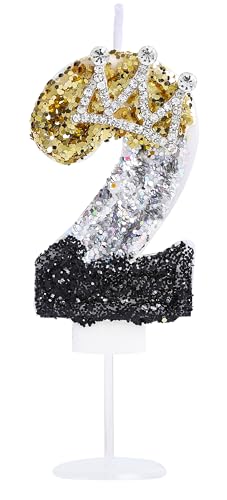 Kinsynko Geburtstagskerze Zahl 2 3D Krone 2 Kerze Geburtstag Mädchen Kleiner Prinz Prinzessin 2. Geburtstag Party Kuchen Dekoration, Schwarz Silber und Gold Glitzer von Kinsynko