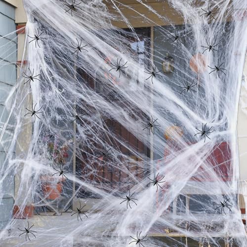 Kinwers Spinnweben Halloween, Halloween Deko Spinnennetz mit 200g Spinnennetz und 30 Spinnen, Outdoor Spinnennetz Halloween Karneval Deko Garten, Schaffen Sie Eine Gruselige Atmosphäre von Kinwers