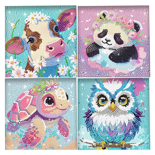 4er Set 5D Diamond Painting Kinder Tiere-Set Full Diamant Painting Bilder Kinder Tiere DIY Diamant Kunst Mosaik Sets für Anfänger Mosaikherstellung Basteln Mädchen Junge für Home Wand Decor(15x15cm) von Kinwodon