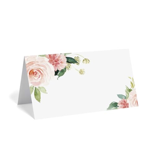 Kinwodon 50 Stück Tischkarten Hochzeit Geburtstag Namenskarten Hochzeit Tisch Tischkarten Blanko zum Beschriften Platzkarten Hochzeit mit Elegantes Blumen Design 10 * 9cm für Kommunion Taufe Feier von Kinwodon