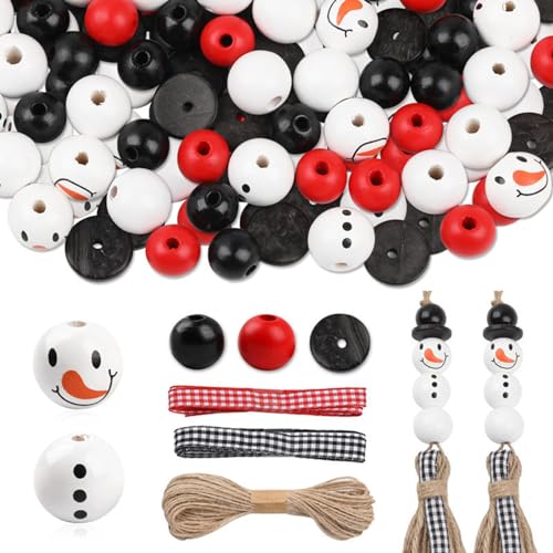 Schneemann Holzperlen Weihnachten Set, DIY Bastel Holzperlen, 150 Stück Holzperlen + 30 Stück Abstandshalter + Büffelkarierte Bänder + Bindfäden, Party Festlichen Weihnachtsbaum Neujahr Dekorationen von Kinwodon