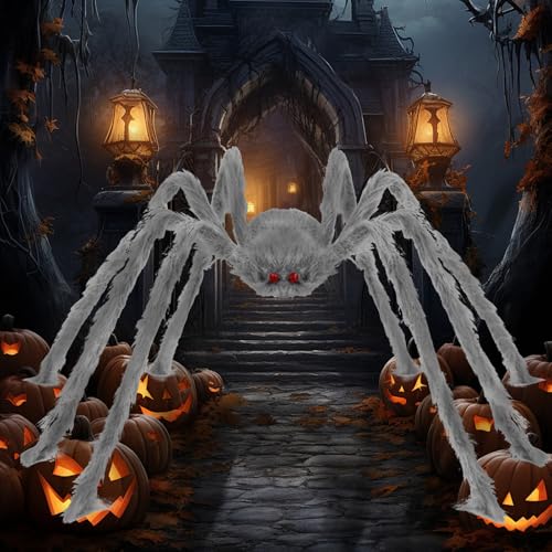 Kinyoda Halloween Deko Outdoor Spinne Groß Riesenspinne 150cm Gruselige Spinnen Garten Horror Dekorations, Gruselige Dehnbares Riesen Spinne für Hof, Terrasse, Rasen, Garten, Fenster, weiß grau von Kinyoda