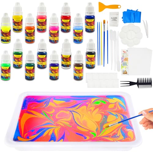 Kinyoda Wassermarmorierfarbe für Kinder,16 Farben Marmorierfarbe Kunst Set, Kunst und Handwerk Bastelsets für Mädchen und Jungen, Marmorierfarbe Marbling Paint Kit Kinder,Geschenke 6+ Jahre von Kinyoda