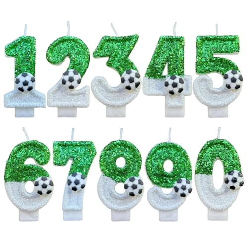 Kioball Fußballkerzen, Zahlen 0-9, Grün, glitzernd, für Geburtstag, kreative Fußballkerze für Jungen, Party, Kuchendekoration von Kioball