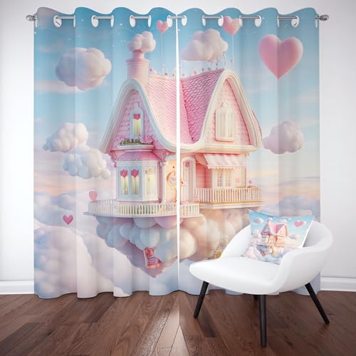 Kioldoq Fantasy Wolken Blickdicht Vorhang 2er Set, Prinzessin Märchen Verdunklungsvorhänge mit Osen 175x140 cm, Schön Mädchen Thermovorhang Kälteschutz, Schlafzimmer, Kinderzimmer von Kioldoq