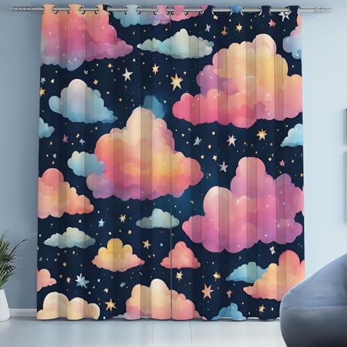 Kioldoq Farbig Wolken Blickdicht Vorhang 2er Set, Sternenhimmel Mädchen Verdunklungsvorhänge mit Osen 175x140 cm, Karikatur Kind Thermovorhang Kälteschutz, Schlafzimmer, Kinderzimmer von Kioldoq