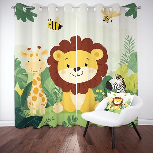 Kioldoq Löwe Giraffe Blickdicht Vorhang 2er Set, Waldtiere Karikatur Verdunklungsvorhänge mit Osen 175x140 cm, Kind Niedlich Thermovorhang Kälteschutz, Schlafzimmer, Kinderzimmer von Kioldoq