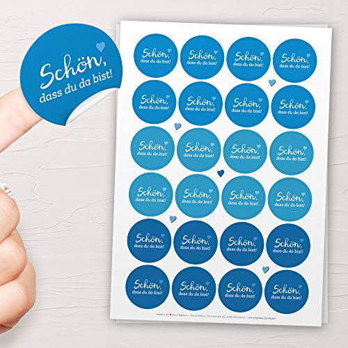 48x Schön, dass du da bist Aufkleber BLAU, TÜRKIS - Sticker zur Gestaltung von Hochzeit oder Familienfeier - ideal zur Tischdeko oder Dekoration von Gastgeschenken - 4cm rund, mattes Papier von Kipitan