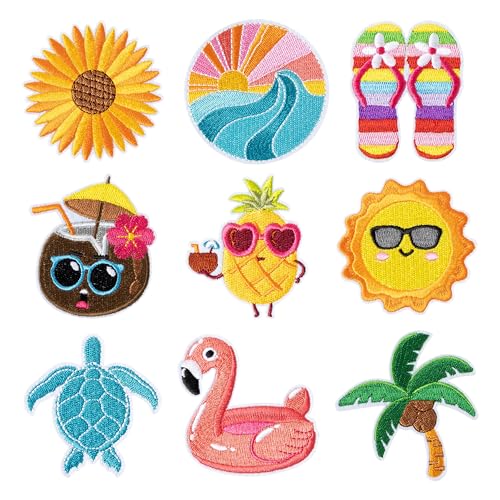 Kirako 9 Stück Sommer Bügelbilder Niedlich Hawaii Luau Strand Flamingo Ananas Nähen auf Reparatur Stickerei Applikation Dekorative Hawaii Tropische Aloha Urlaub DIY Handwerk Geschenk für Kleidung von Kirako