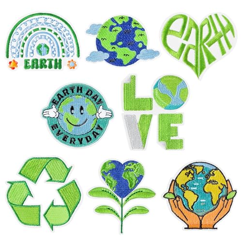 Kirako Aufnäher zum Aufbügeln, Motiv: Weltkugel "Save The Earth Planet", bestickte Applikation, Umweltschutz, Bildung, Klassenzimmer, Basteln, Geschenk für Kleidung, Rucksack, Hut, 8 Stück von Kirako