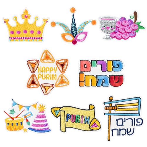 Kirako Happy Purim Aufnäher zum Aufbügeln, bunte Hamantaschen, Gragger-Maske, festlich, zum Aufnähen, Reparatur, bestickte Applikation, jüdischer Karneval, Chag Sameach Feier, Basteln, Geschenk für von Kirako