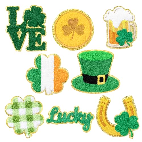 St. Patrick's Day Chenille-Flicken mit Glitzer, irischer Büffel, kariert, Kleeblatt, Grün, 4-blättriges Kleeblatt, zum Aufnähen oder Aufbügeln, bestickte Applikation, DIY, Basteln, dekoratives von Kirako