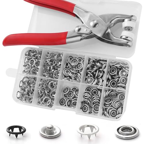 Druckknopf Verschluss Set, 200 Sets, 9,5 mm Druckknopf Werkzeug mit Zange, Metall Druckknopf mit 5 Krallen, zum Ersetzen von Metall-Druckknöpfen, Nähzubehör für Druckknöpfe(Silber) von Kisbeibi