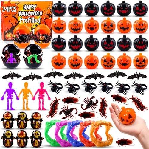 24 Stück Halloween-Partygeschenke für Kinder, vorgefüllter Halloween-Kürbis mit Halloween-Pop-Fidget-Spielzeug, Leckereien für Kinder, Geschenktütenfüller, Klassenzimmerpreise von Kiss Monkey