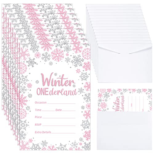 Kisston Winter-Einladungen für Geburtstagspartys mit Umschlägen, 10,2 x 15,2 cm, silberfarben, rosa, 25 Stück von Kisston